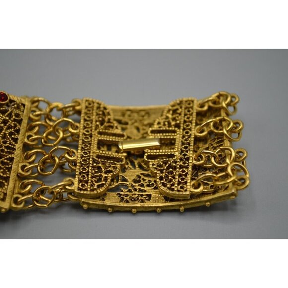 Filigree Panel Bracelet Gold Tone Red Stone Accents 8" Ornate Wide - Picture 10 of 12